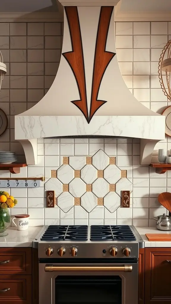 Art-deco inspired kitchen with a stylish range hood and decorative tiles.