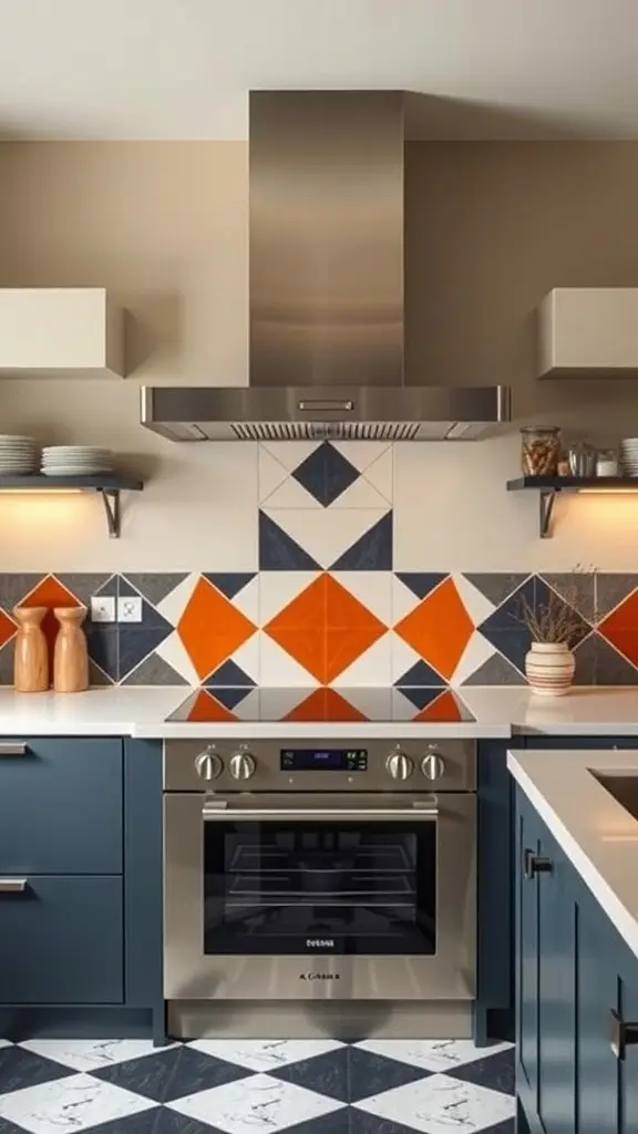 Art-deco kitchen with a geometric patterned backsplash in bold colors