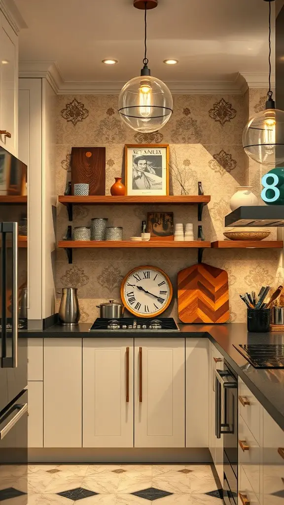 A stylish art-deco kitchen featuring elegant cabinetry, decorative items on wooden shelves, and modern pendant lights.