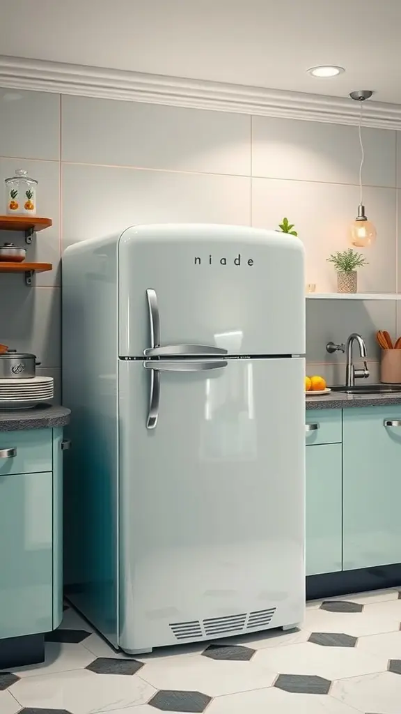 Stylized art-deco inspired refrigerator in a modern kitchen setting.