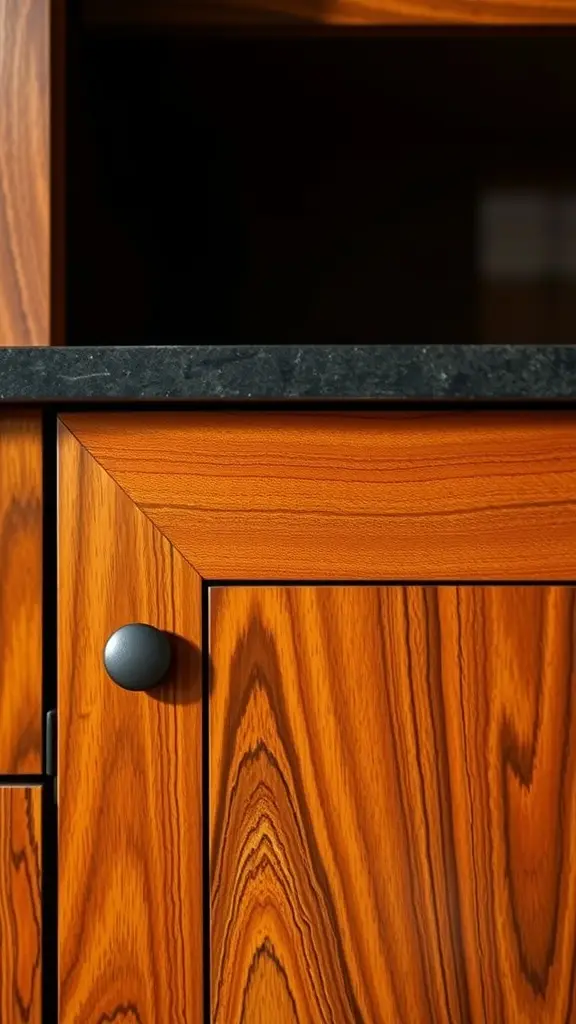 Refined cabinetry with glass doors and gold handles in an art-deco style kitchen.
