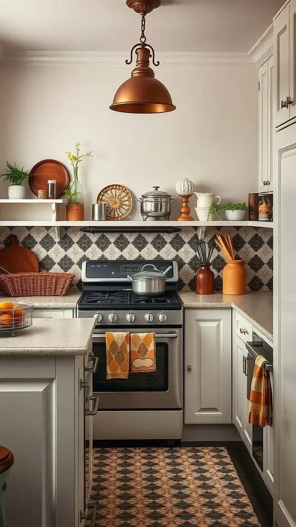 A beautifully designed kitchen with art-deco elements, featuring copper lighting and stylish accessories.