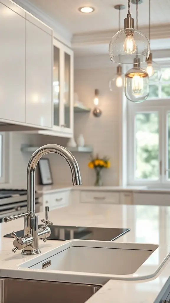 A modern kitchen featuring sleek chrome finishes and fixtures, showcasing a shiny faucet and elegant glass pendant lights.