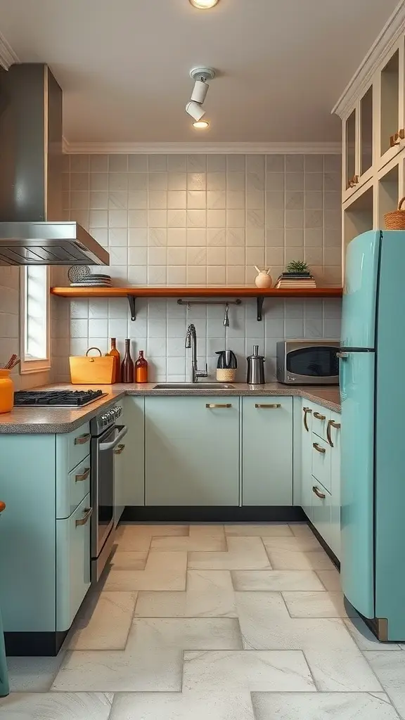 A vintage-inspired art-deco kitchen featuring mint green appliances and modern design elements.
