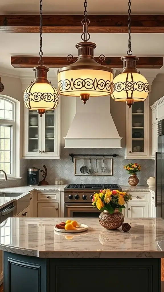 Art-deco pendant lights hanging in a modern kitchen