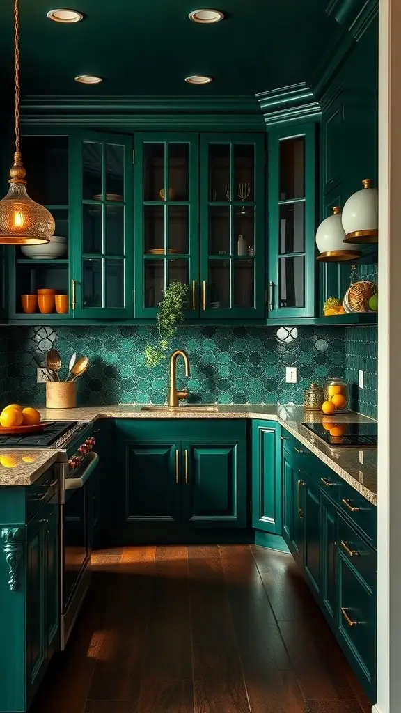 Art Deco kitchen featuring teal cabinetry and gold accents.