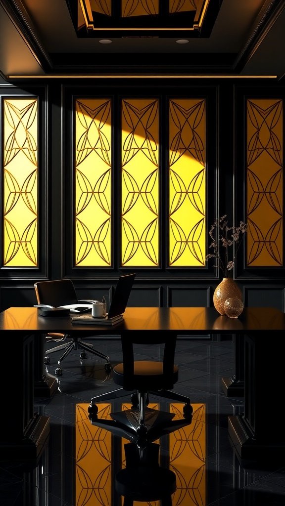 An Art Deco themed office with bold yellow and black geometric designs, featuring a sleek desk and modern swivel chair.