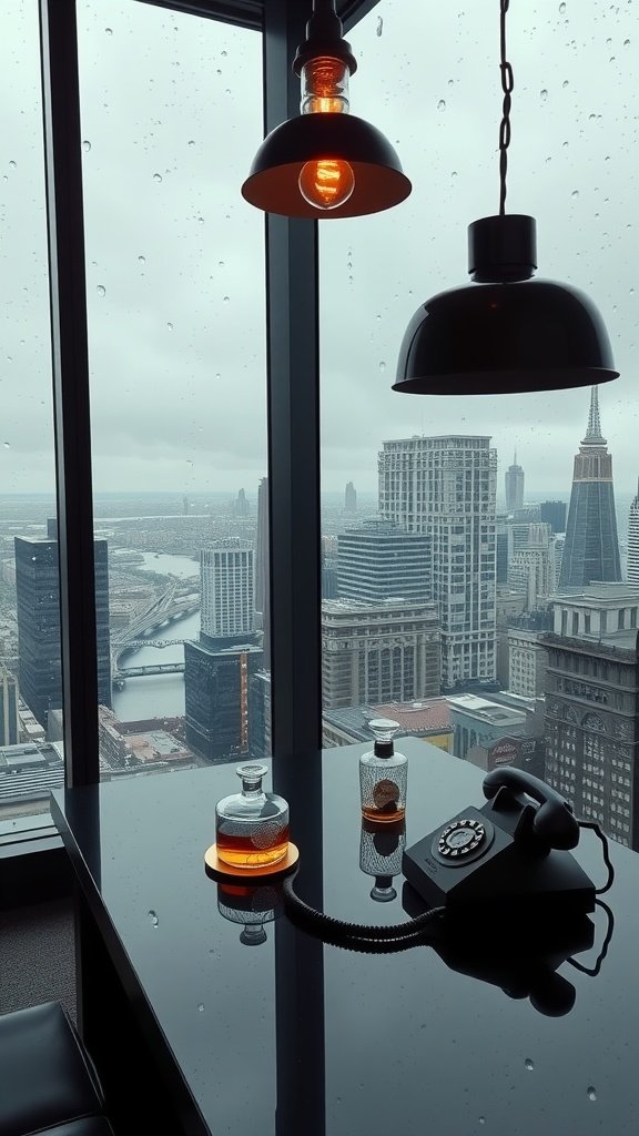 A penthouse study with a black table, whiskey bottle, rotary phone, and city skyline view through the window