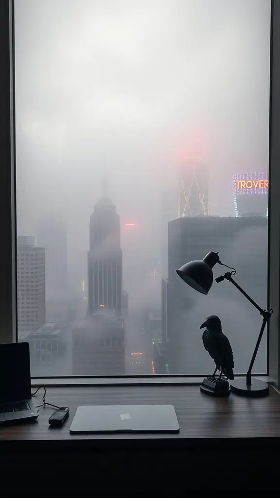 A fog-drenched view of a city skyline from an office window, featuring a modern desk with a laptop, a lamp, and a raven figurine.