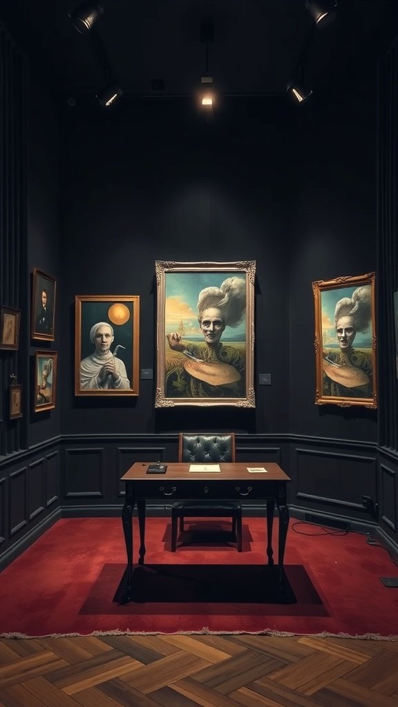A private art collector's office featuring a stylish desk and various framed artworks on dark walls