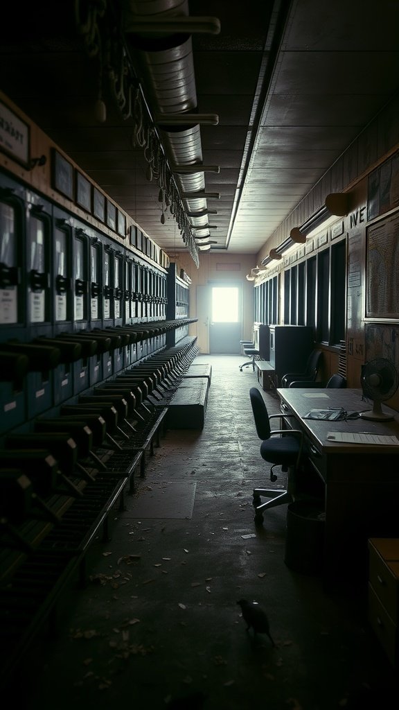 An abandoned railway control room with old control panels and an empty office chair.