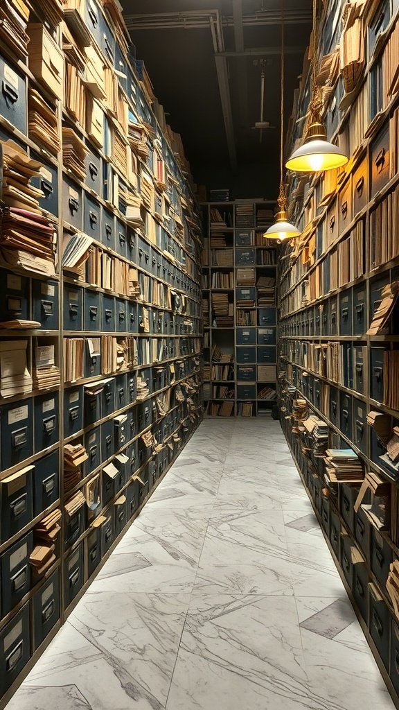 A narrow hallway filled with blue filing cabinets and stacks of documents, illuminated by warm pendant lights.
