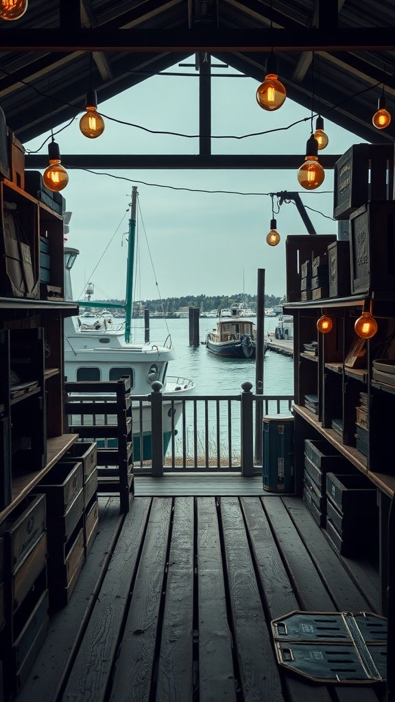 A rustic office space by the river with wooden shelves and hanging lights
