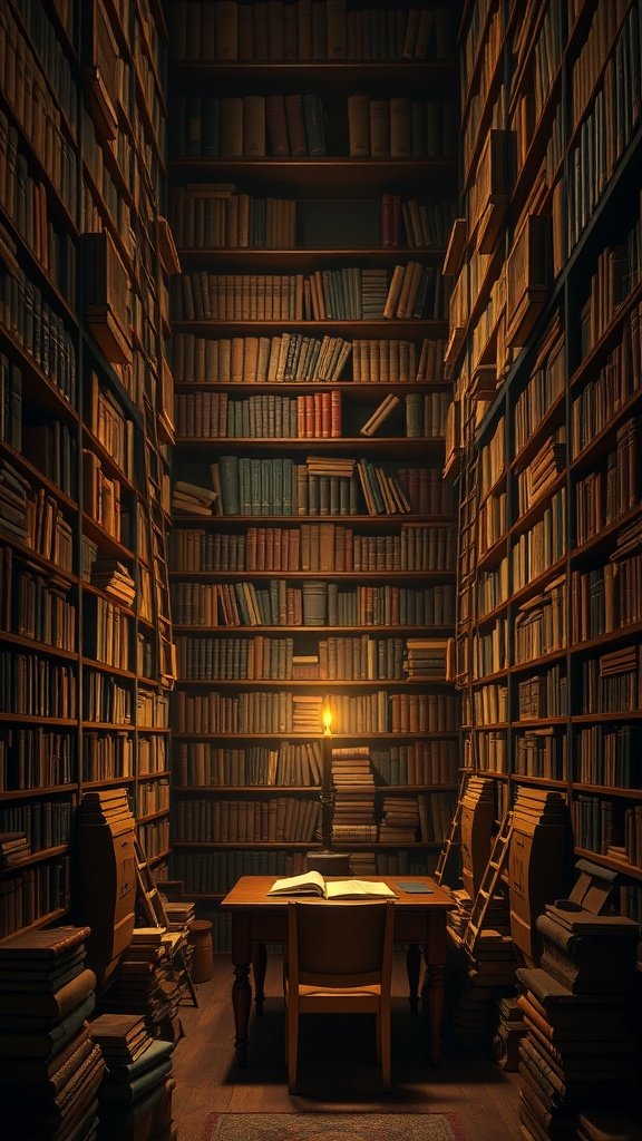 A cozy library office filled with bookshelves, a wooden desk, and a lamp, creating a warm and inviting atmosphere