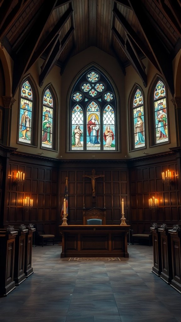 A gothic cathedral interior featuring stained glass windows, wooden beams, and a central altar with candles.