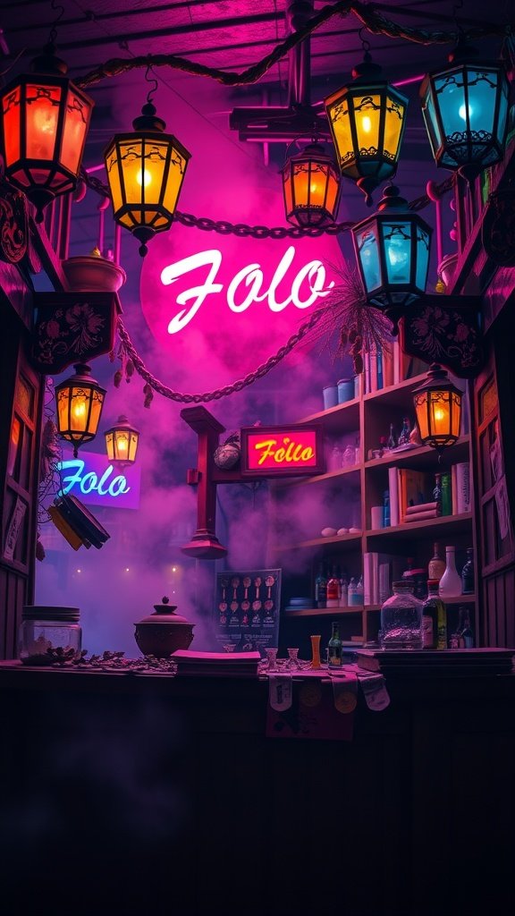 A merchant's desk in a vibrant night market filled with colorful lanterns and various items, creating a lively atmosphere.