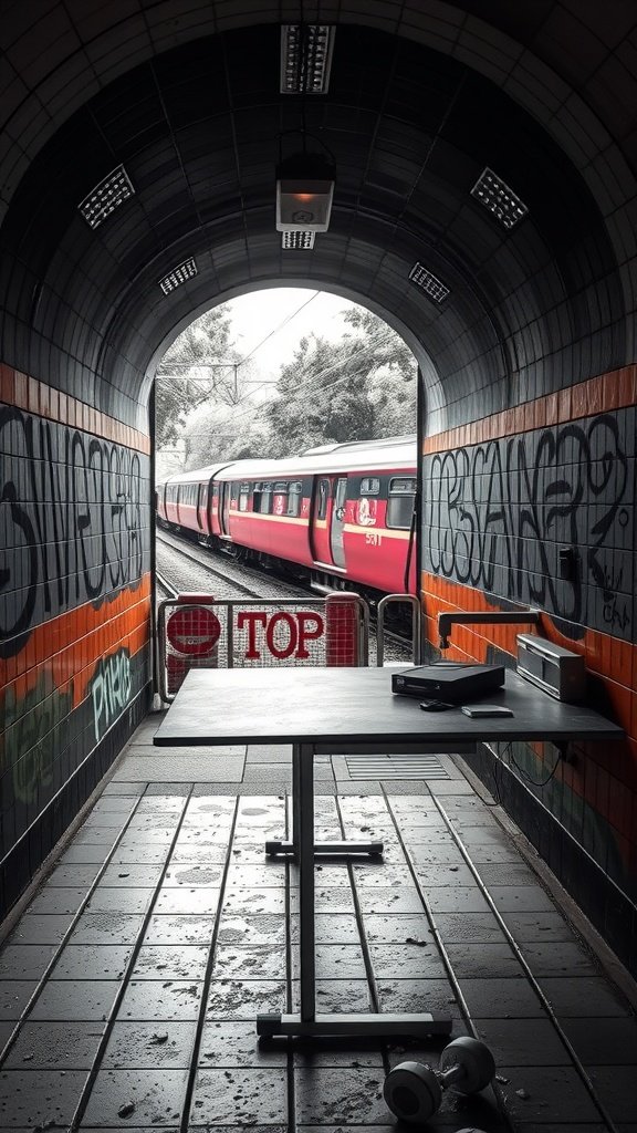 An office table in a subway tunnel with a train visible in the background.