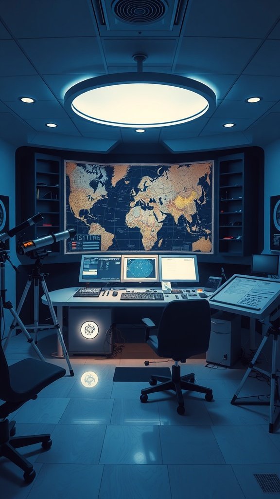 A modern office space with multiple screens, a large world map on the wall, and soft lighting.