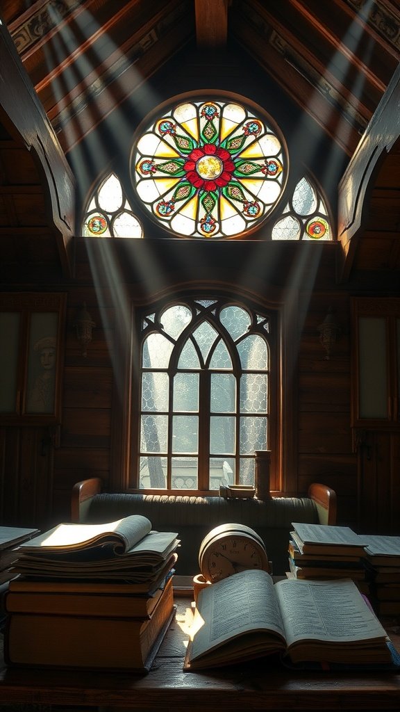 Cozy attic workspace with stained glass window and books