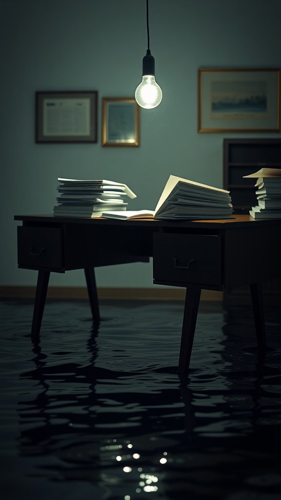 A flooded basement office with a desk submerged in water, stacks of papers on the desk, and a light bulb hanging above