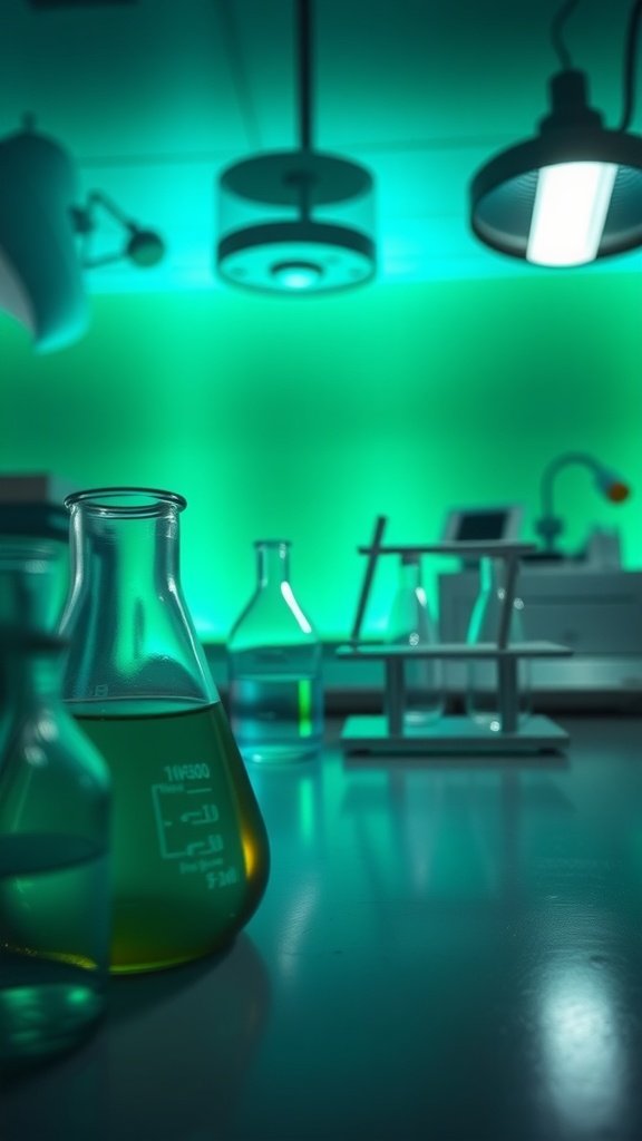 A forensics lab desk with glass beakers and colorful lighting
