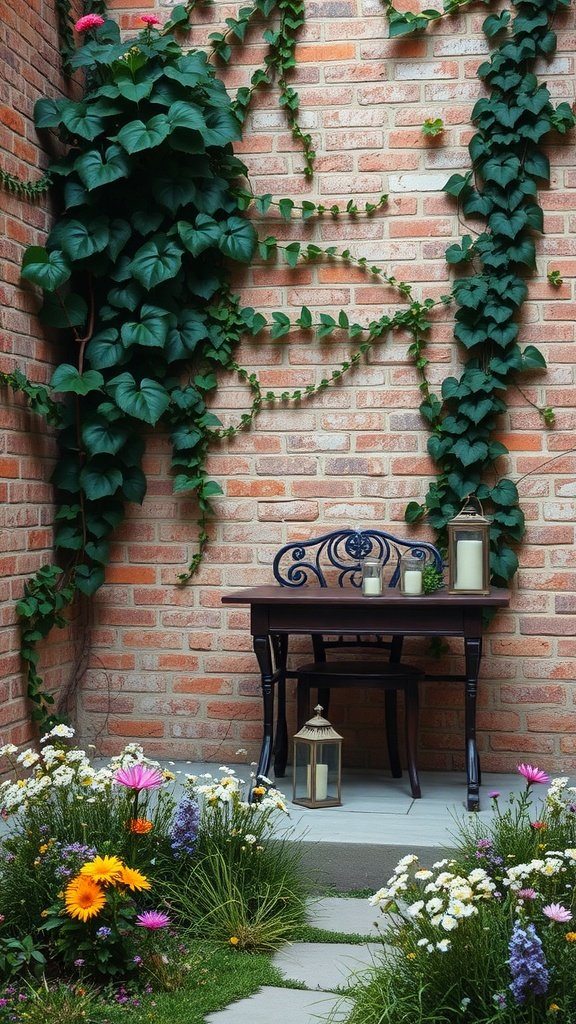 A charming writing desk in a secret garden setting, surrounded by flowers and vines.