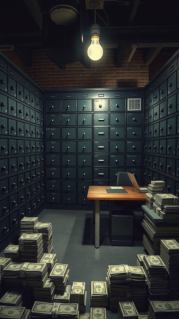 A cozy office setup resembling a bank vault with dark green cabinets and stacks of cash.