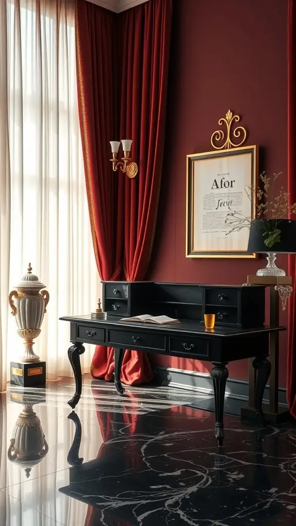 A luxury study with dark red walls, a black desk, and elegant decor