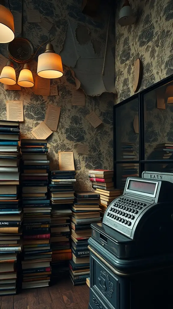 A cozy home office decorated like a boarded-up bookstore, with stacks of books, a vintage typewriter, and warm lighting.