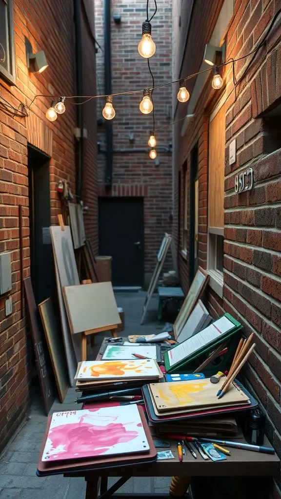 An artistic alley with string lights, brick walls, and art supplies on a table.