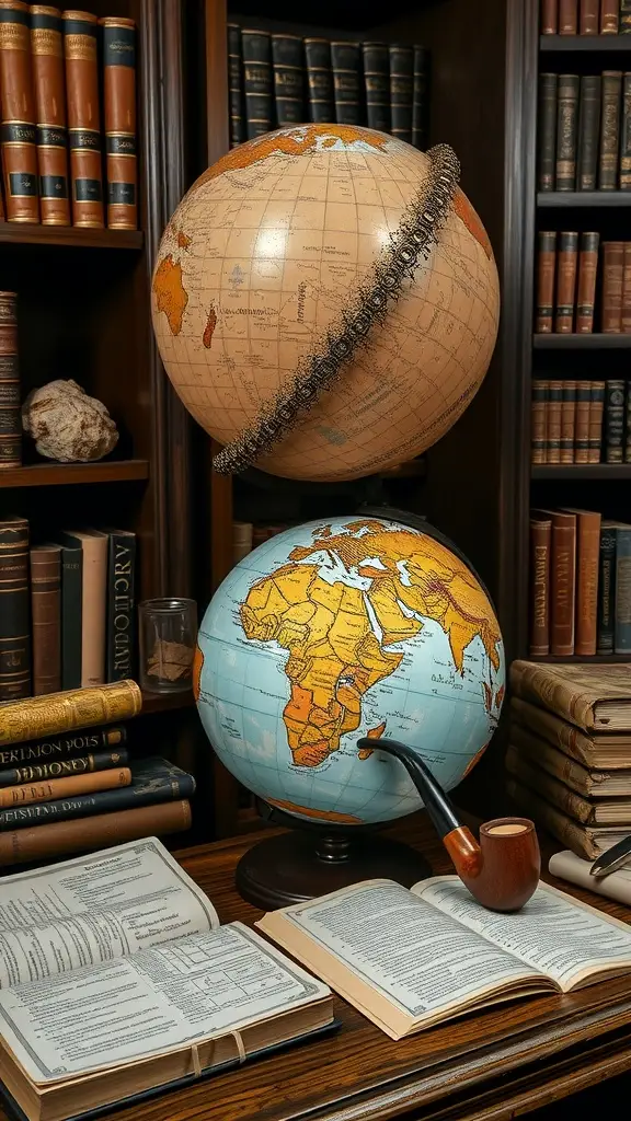 A professor's study featuring two globes, a wooden desk with books, and a pipe.