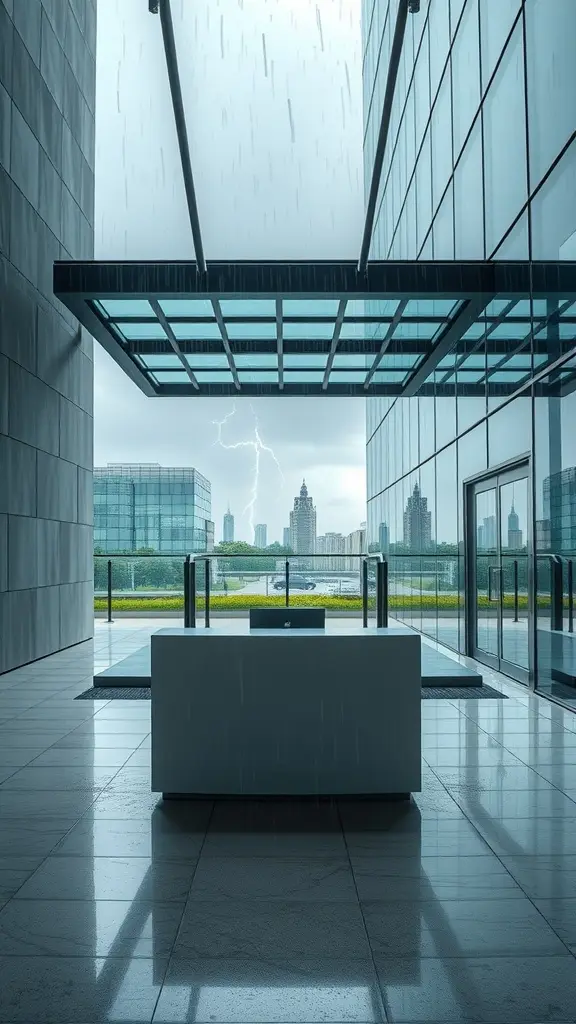 A modern desk on a skybridge with glass walls, surrounded by rain and a stormy skyline