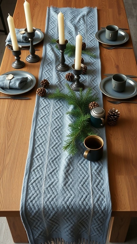A cozy table setting inspired by Winterfell, featuring a blue table runner, candles, pinecones, and simple plates.