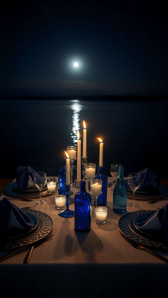An elegantly set dining table with blue bottles, candles, and a moonlit canal backdrop.