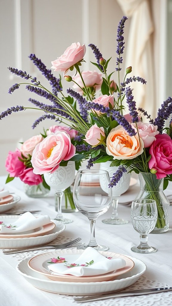A beautifully decorated table with pink and lavender flowers, elegant tableware, and a lace table runner, inspired by Highgarden from Game of Thrones.