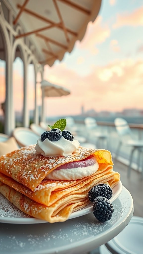 Delicious Bespin Cloudberry Crepes served with whipped cream and fresh berries.