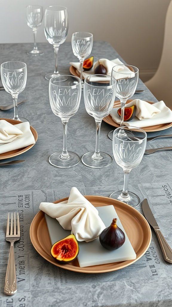 A beautifully set dining table inspired by Meereen, featuring marble textures, elegant glassware, and fresh figs on plates.