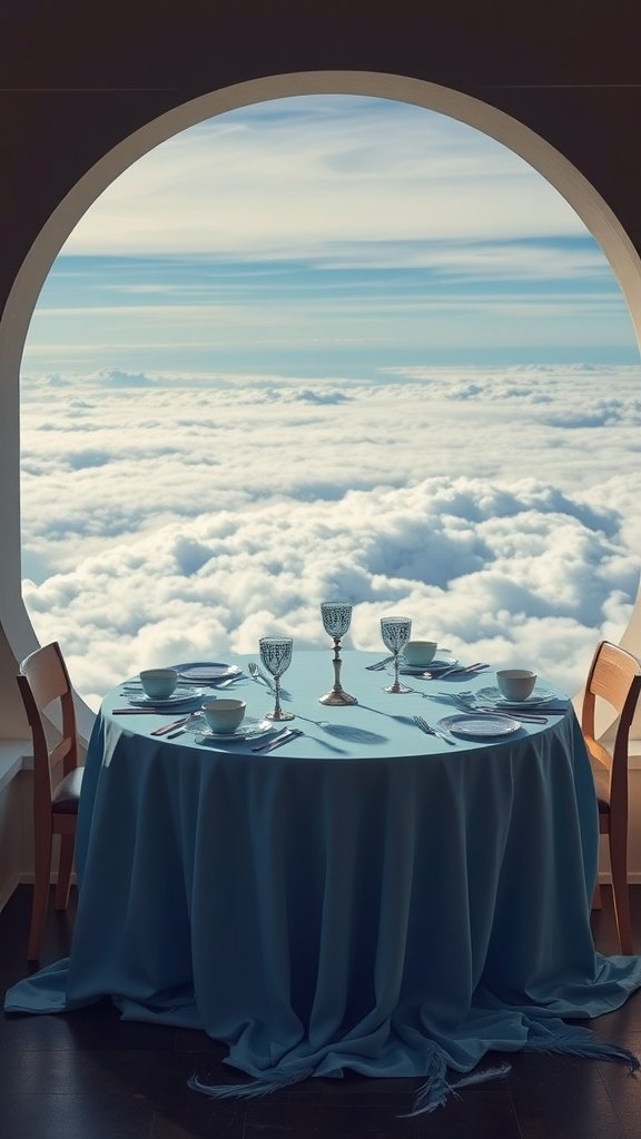 A round table set with blue cloth and elegant dinnerware, overlooking clouds through an arched window.