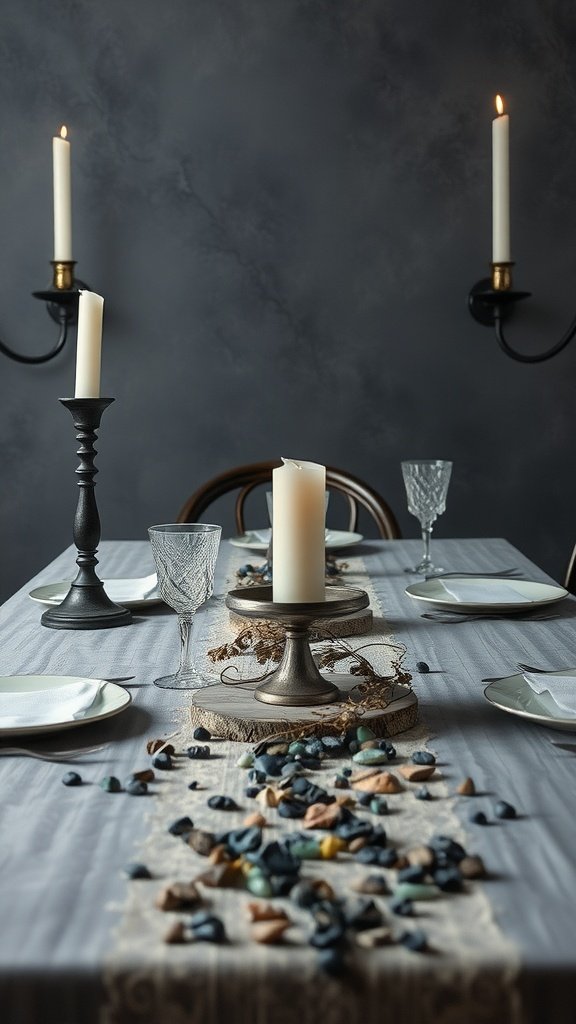 A beautifully set table inspired by Pyke, featuring dark candle holders, lit candles, natural stones, and elegant glassware.