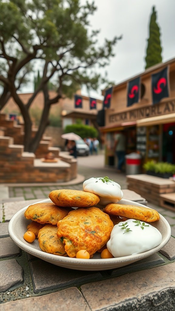 A plate of Yavin 4 Veggie Fritters with a creamy dip.