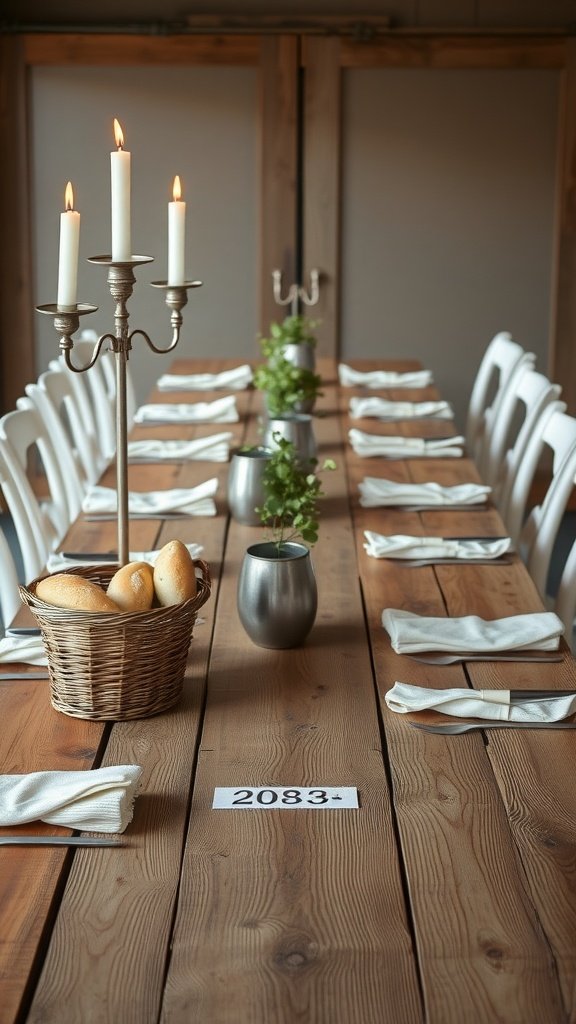 A long wooden table set for a meal, featuring candles, potted plants, and a basket of bread.