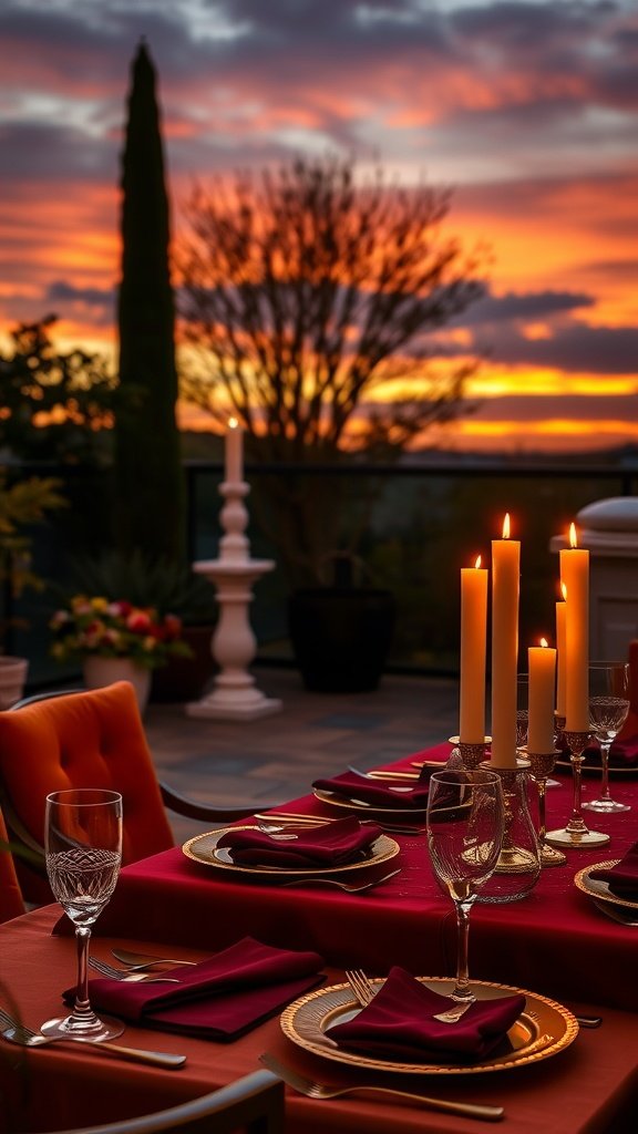 A beautifully set dinner table on a terrace during sunset, featuring candles, elegant tableware, and lush greenery.