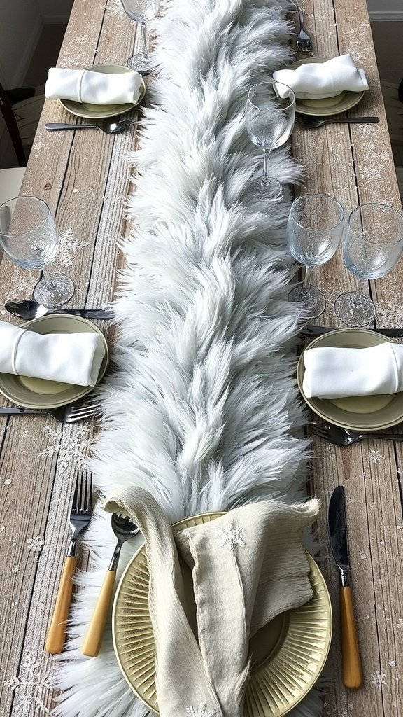 A winter-themed table setting with snowflake designs, white fur, and elegant dishware.