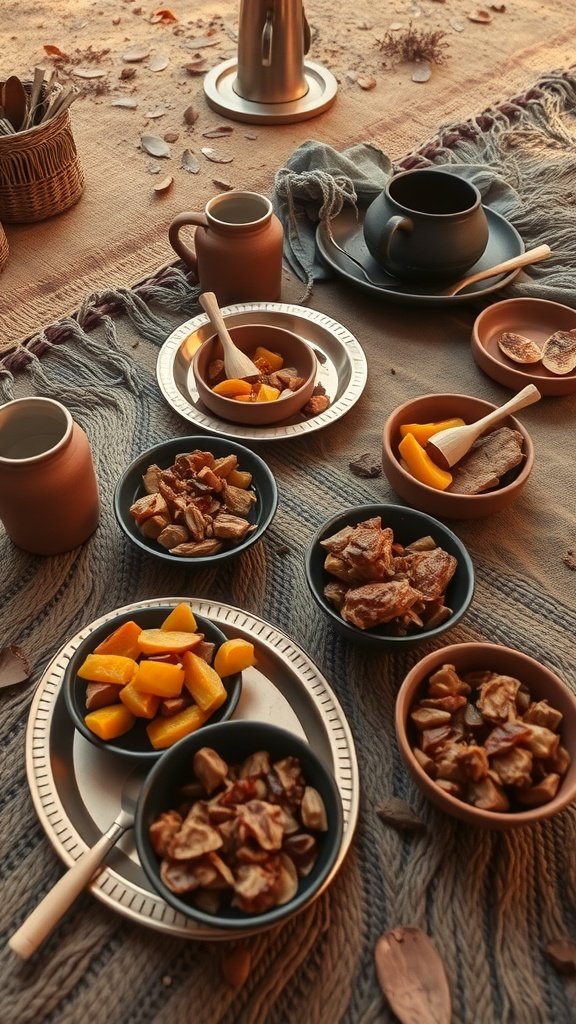 A table setting inspired by Vaes Dothrak featuring fruits, dried snacks, and rustic utensils on a sandy fabric backdrop.