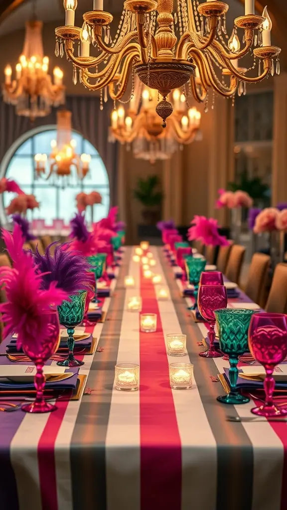Vibrant table décor for a Tyrosh Silk Merchants’ Dinner, featuring colorful glassware, striped tablecloth, and decorative feathers.