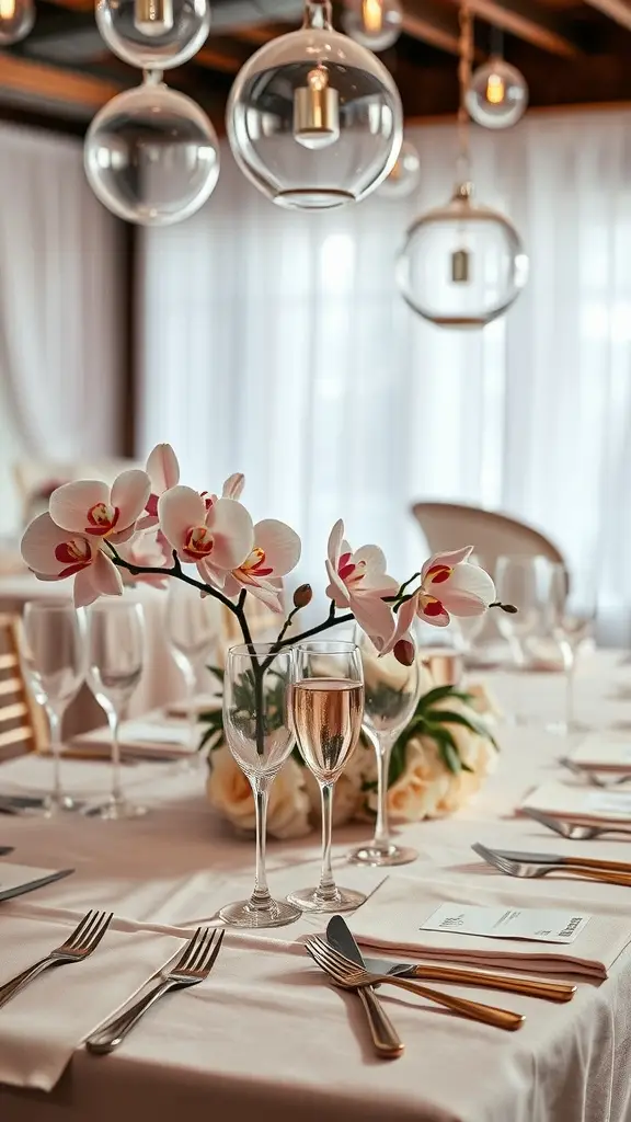A romantic table setting for two with orchids, elegant glassware, and warm lighting.