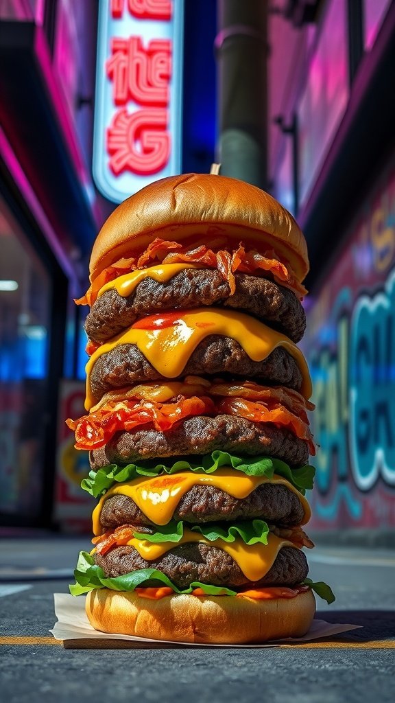A towering burger stacked with beef patties, cheese, and toppings, served on a vibrant street.