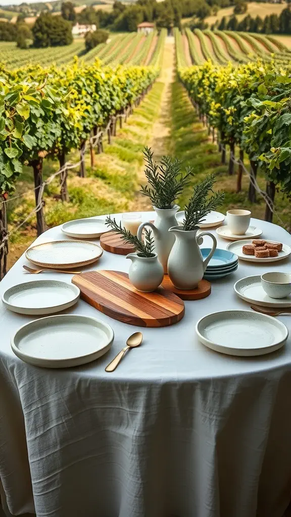 Table set for a countryside lunch at Horn Hill, featuring plates, wooden serving boards, and greenery in a vineyard setting.