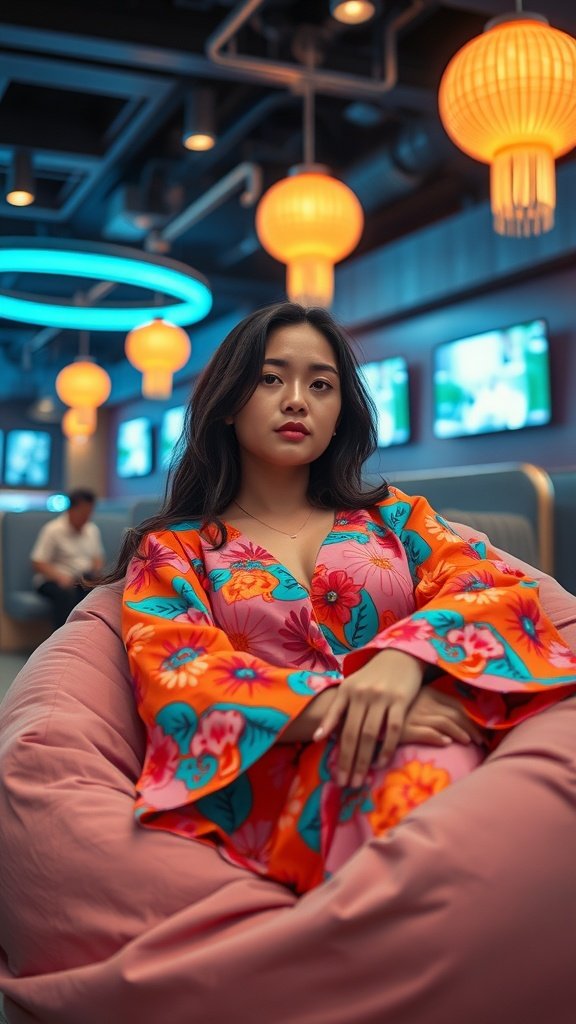 A woman wearing a vibrant floral mini dress, sitting comfortably in a pink bean bag chair with colorful lights in the background.