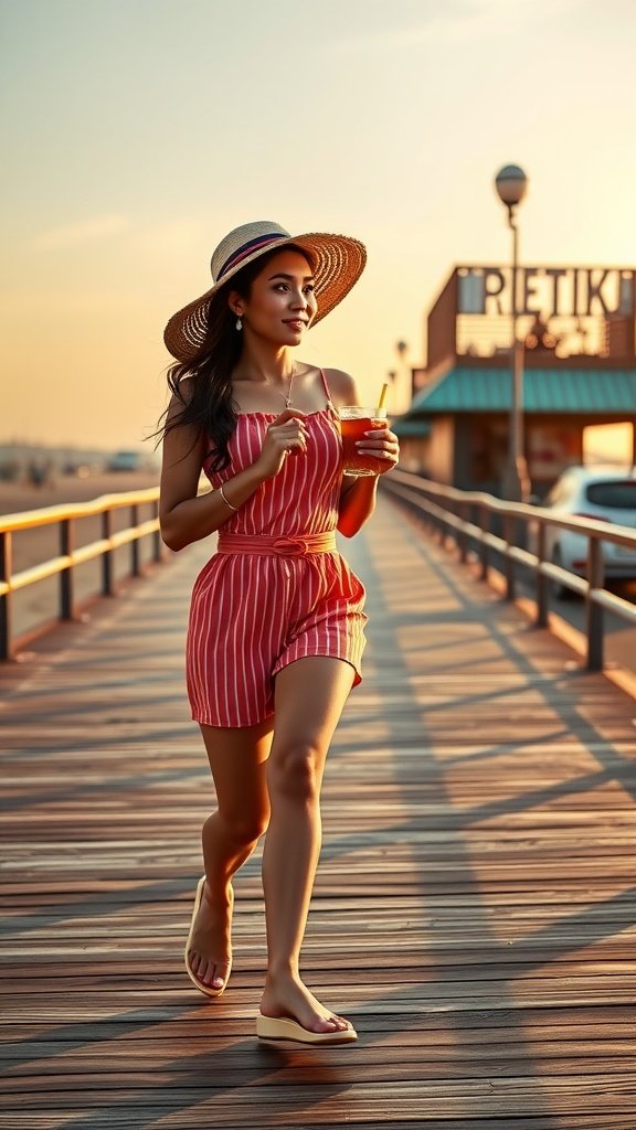A woman in a striped mini outfit walking on a boardwalk during sunset, holding a drink.